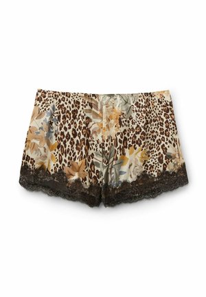 Kurze Damen-Shorts mit Leoparden- und Blumenmuster in Braun-, Beige- und Grautönen, am Saum mit schwarzer Spitze verziert.