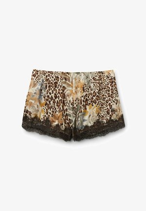Kurze Damen-Shorts mit Leoparden- und Blumenmuster in Braun-, Beige- und Grautönen, am Saum mit schwarzer Spitze verziert.