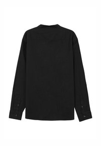 Schwarzes Langarmhemd mit geradem Schnitt, Knopfmanschetten und spitzem Kragen. Gefertigt aus weichem Stoff, zeichnet sich durch ein minimalistisches Design ohne Muster aus.