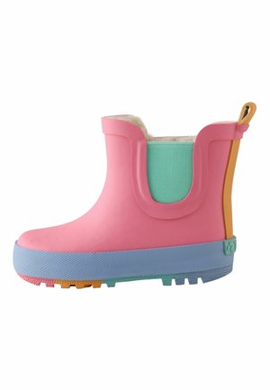 Stivaletto antipioggia per bambino fino alla caviglia in rosa con pannello laterale elastico turchese, suola blu, battistrada multicolore e anello per il tallone color cuoio chiaro, foderato in pile bianco.
