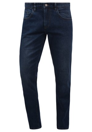 Jeans en denim bleu foncé avec une coupe slim, présentant un design classique à cinq poches, une fermeture à bouton en métal et des détails de couture subtils.