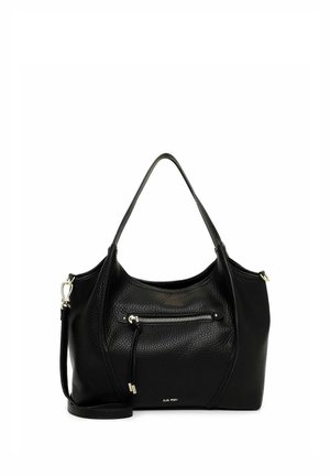 Bolso de cuero negro con asa superior única, bolsillo frontal con cremallera y correa de hombro desmontable sobre fondo blanco.