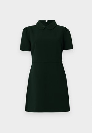 Robe courte à manches courtes de couleur vert foncé, avec un col arrondi, une couture à la taille et une légère forme en A, fabriquée en tissu lisse et texturé.