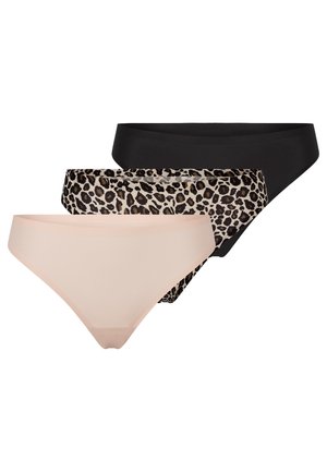 Tre par trusser: et lyserødt, et sort og et med leopardmønstret kant. Glat stof, lav talje og blød tekstur.