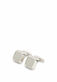 Silver cufflinks with a square design featuring a textured, patterned surface. Smooth finish on sides, with a classic swivel closure.