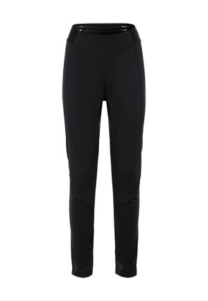 Schwarze Sportleggings mit einer glatten, dehnbaren Textur, hohem Bund und gepolstertem Sitzbereich. Sie verfügen über verstärkte Nähte und ein elegantes Design.