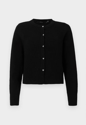Cardigan noir, en tissu tricot doux, col rond, manches longues, cinq boutons en forme de cœur argentés sur le devant, ourlet et poignets côtelés.