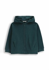 Ciemnozielona bluza z zamkiem błyskawicznym o teksturowanym wykończeniu i małych elementach dekoracyjnych. Posiada kaptur oraz boczne kieszenie dla większej funkcjonalności.