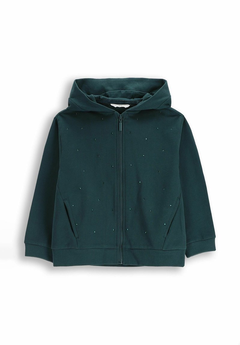 Ciemnozielona bluza z zamkiem błyskawicznym o teksturowanym wykończeniu i małych elementach dekoracyjnych. Posiada kaptur oraz boczne kieszenie dla większej funkcjonalności.