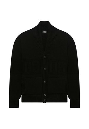 Cardigan nero in maglia con bottoni frontali, collo e polsini a costine, due tasche frontali e motivo testuale "GCDS" sottile.