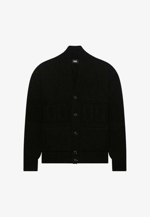 Cardigan nero in maglia con bottoni frontali, collo e polsini a costine, due tasche frontali e motivo testuale "GCDS" sottile.