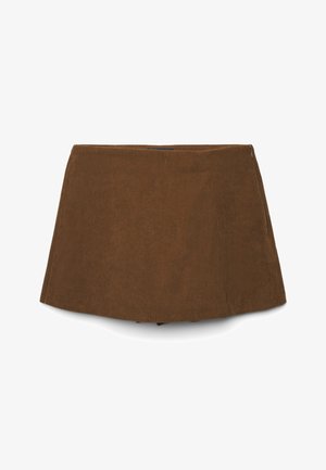 Jupe mini A-line en velours côtelé marron avec une fermeture éclair discrète sur le côté, présentée sur un fond blanc.