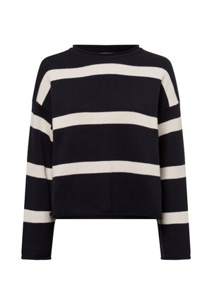 Jersey de punto a rayas en navy y crema con mangas largas, cuello redondo y un corte corto. Presenta una tela texturizada y una forma cuadrada.