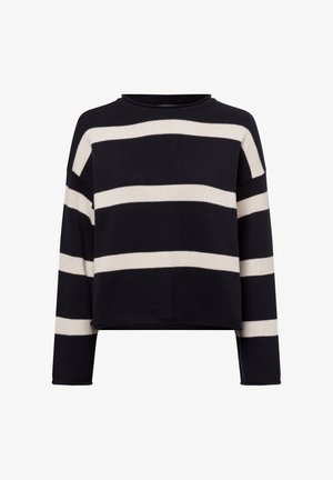 Jersey de punto a rayas en navy y crema con mangas largas, cuello redondo y un corte corto. Presenta una tela texturizada y una forma cuadrada.