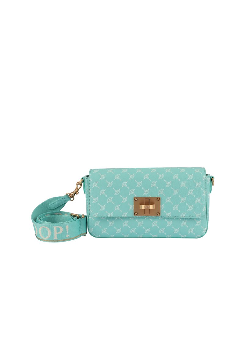 Tyrkysová crossbody taška vyrobená z texturovaného materiálu, se vzorem bílých listů, zlatým uzávěrem a odnímatelným popruhem s textem "SCOOP!".