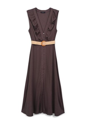 Abito senza maniche marrone con scollatura arricciata, scollatura a V, apertura con bottoni sul davanti e una larga cintura intrecciata con fibbia circolare. Silhouette fluida.