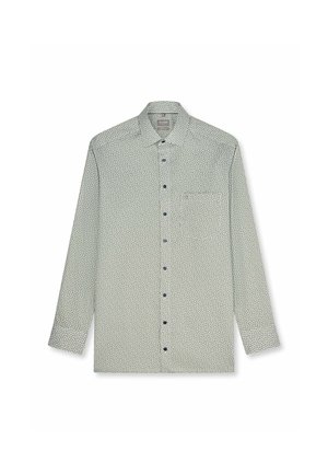 Overhemd met lange mouwen met klein geometrisch patroon, puntige kraag, één borstzak en donkere knopen op lichte stof.