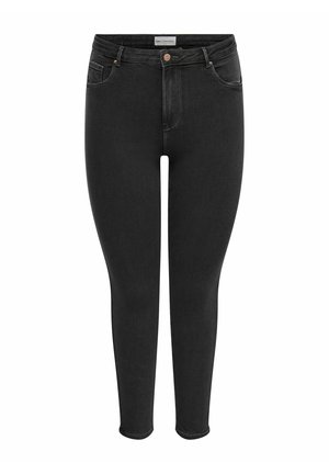 Melni augsta vidukļa pieguļošie džinsi ar piecām kabatām, jostas cilpām un pogas aizdari uz baltas fona.
