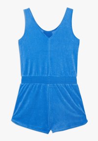 Blue velour sleeveless romper with a V-neck, elastic waistband, and short legs. Soft texture, uniform color, and casual design.