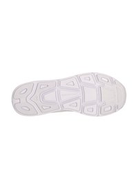 White rubber sneaker outsole with a textured grip pattern, featuring a mix of triangular and rectangular shapes for traction and support.