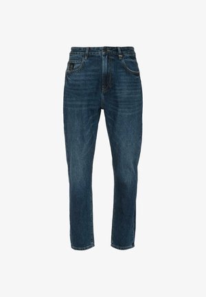 Jeans in denim blu scuro con taglio dritto, dotati di tasche frontali, passanti per cintura e dettagli di scolorimento sottili per una maggiore texture.