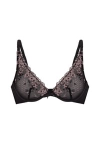 Sostén negro transparente con bordado floral rosa, bordes ondulados, tirantes ajustables y un pequeño lazo en el centro.