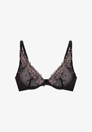Schwarzer durchsichtiger BH mit rosa floralem Stickerei, gewellten Kanten, verstellbaren Trägern und einem kleinen Bogen in der Mitte.