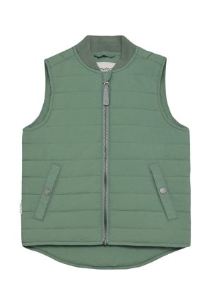 Gilet imbottito senza maniche in verde salvia con cerniera frontale, colletto a coste e due tasche con patta e bottone automatico.