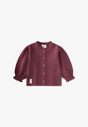 Children's long-sleeve plum blouse with ruffled collar and cuffs, front wooden buttons, and textured lightweight fabric.