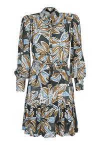 Šaty s květinovým vzorem v odstínech zelené, modré a hnědé; dlouhé rukávy, límeček, zapínání na knoflíky vpředu, páskový pas, vrstvený volánový lem.