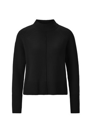 Maglione nero lavorato a maglia con collo alto a coste, maniche lunghe e orlo a coste. Presenta una cucitura centrale e un motivo testurizzato alle cuciture delle spalle.