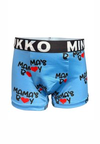 Boxer blu chiaro con la scritta "MAMA'S BOY" in nero e cuori rossi. Presenta un cinturino nero con il logo "MINKKO". Tessuto morbido e liscio.