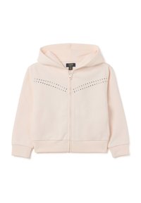 Felpa con zip di colore rosa chiaro, con una texture morbida, dotata di cappuccio, polsini a coste e strass decorativi lungo il petto.