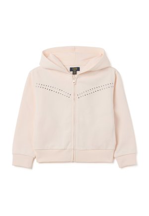 Felpa con zip di colore rosa chiaro, con una texture morbida, dotata di cappuccio, polsini a coste e strass decorativi lungo il petto.