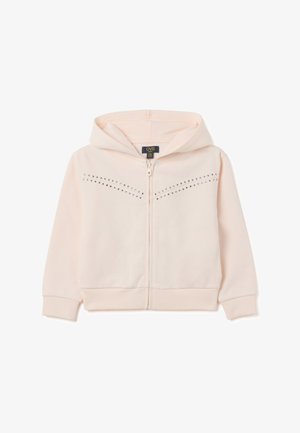 Sudadera de color rosa claro con cremallera, de textura suave, que presenta una capucha, puños acanalados y piedras brillantes decorativas a lo largo del pecho.