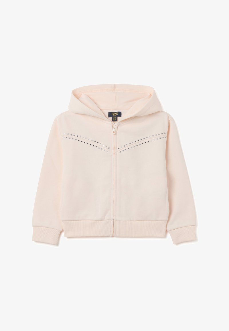 Helle rosa Zip-Hoodie mit weicher Textur, ausgestattet mit einer Kapuze, gerippten Bündchen und dekorativen Diamanten entlang der Brust.