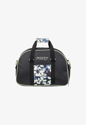 Sac de sport noir avec un panneau imprimé floral bleu et blanc, garniture verte, doubles poignées et fermeture éclair. Logo 'Roxy' à l'avant.