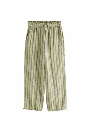 Voľné nohavice s vertikálnymi pruhmi v zelenej, béžovej a sivej farbe, elastickým pásom, šnúrkou, bočnými vreckami a širokými nohavicami.