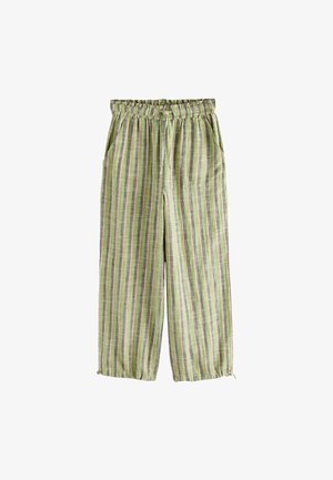 Luźne spodnie w pionowe paski w kolorze zielonym, beżowym i szarym, z elastycznym pasem, sznurkiem, kieszeniami po bokach i szerokimi nogawkami.