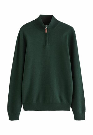 Temnozeleni pulover s visokim ovratnikom, z zadrgo do polovice spredaj in rebrastimi manšetami. Narejen iz mehke pletene tkanine.