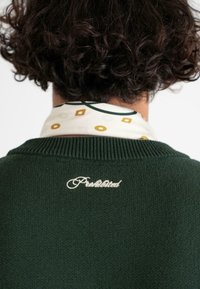 Persona con cabello rizado vista desde atrás, llevando un suéter de punto verde oscuro sobre un cuello de camisa blanca estampada.