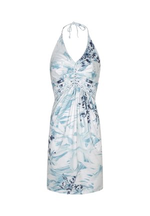Blue and white halter dress with a floral pattern, gathered front, and adjustable neck ties. Soft, lightweight fabric with a loose fit.