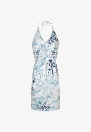 Blau-weißes Neckholder-Kleid mit floralem Muster, geraffter Vorderseite und verstellbaren Nackenbändern. Weicher, leichter Stoff mit lockerer Passform.