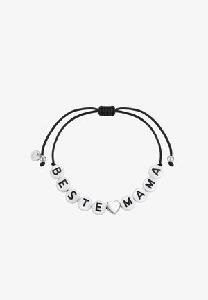 Black cord bracelet with white beads spelling "BESTE MAMA" and a silver heart-shaped bead in the center, adjustable knot closure.