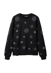 Czarna bluza z miękkiego materiału, ozdobiona spiralnymi i kwiatowymi wzorami w kolorze srebrnym, z okrągłym dekoltem oraz prążkowanymi mankietami i dołem.