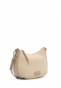 Beige women's shoulder bag with zipper closure, detachable strap, and silver metal hardware, brand label "EMILYNORAH" on front.