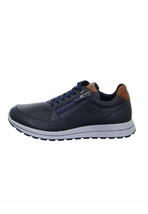 Marineblaue Ledersneaker mit glatter Oberfläche, weißer Gummisohle, Schnürdesign und braunem Ledermuster an der Ferse. Verfügt über einen seitlichen Reißverschluss.