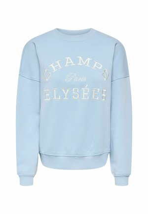Jasnoniebieska bluza z okrągłym dekoltem z białym haftowanym napisem "Champs Élysées Paris" na przedzie, wyposażona w długie rękawy i ściągacze na mankietach.