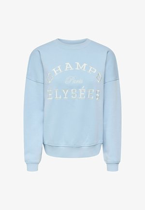 Helehall sinine ümmarguse kaelusega dressipluus valge tikitud tekstiga "Champs Élysées Paris" esiküljel, pikkade varrukate ja soonikkoes mansettidega.