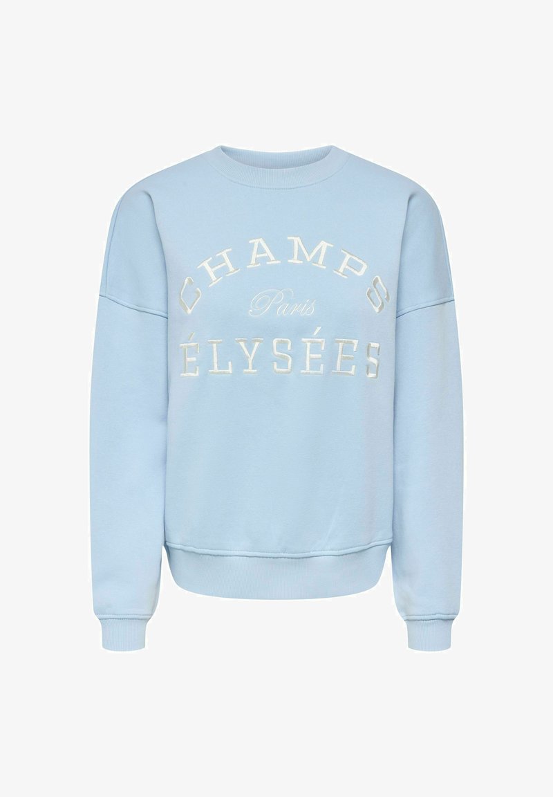 Sweat-shirt bleu clair à col rond avec le texte blanc "Champs Élysées Paris" brodé sur le devant, doté de manches longues et de poignets côtelés.